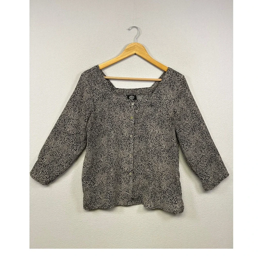 Bobeau Animal Print Square Neck Women XS Tan Black Button Front 3/4 Slv Blouse